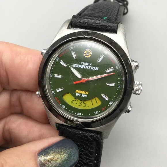 Timex Expedition Watch Men Indiglo 37mm Green Dial Analog Digital New Battery - Picture 10 of 15